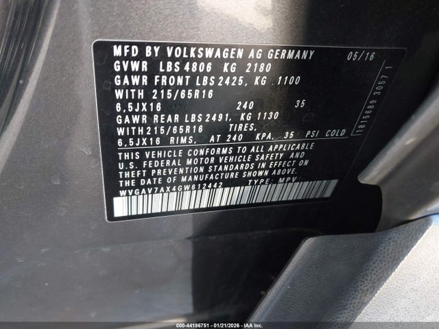 WVGAV7AX4GW612442 Volkswagen TIGUAN S