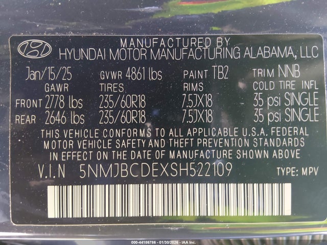 2025 Hyundai Tucson Sel მანქანა იყიდება აუქციონზე, vin: 5NMJBCDEXSH522109, აუქციონის ნომერი: 44186786