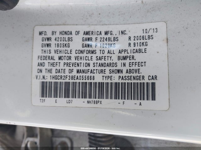 2014 Honda Accord Lx მანქანა იყიდება აუქციონზე, vin: 1HGCR2F38EA055668, აუქციონის ნომერი: 44186856