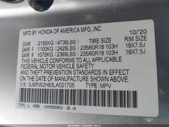 5J6RW2H83LA021705 Honda Cr-v Awd Ex-l