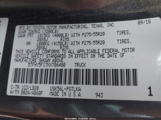 2019 TOYOTA TUNDRA 5TFHY5F17KX786480 Photo 8