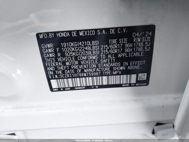 3CZRZ1H78RM759987 Honda Hr-v 2wd Ex-l/2wd Ex-l W/o Bsi