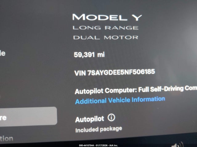 Aukcja sprzedaży 2022 Tesla Model Y Long Range Dual Motor All-wheel Drive, vin: 7SAYGDEE5NF506185, numer aukcji: 44187044
