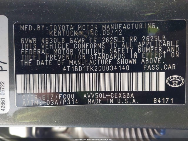 2012 Toyota Camry Hybrid Xle მანქანა იყიდება აუქციონზე, vin: 4T1BD1FK2CU034140, აუქციონის ნომერი: 44187069