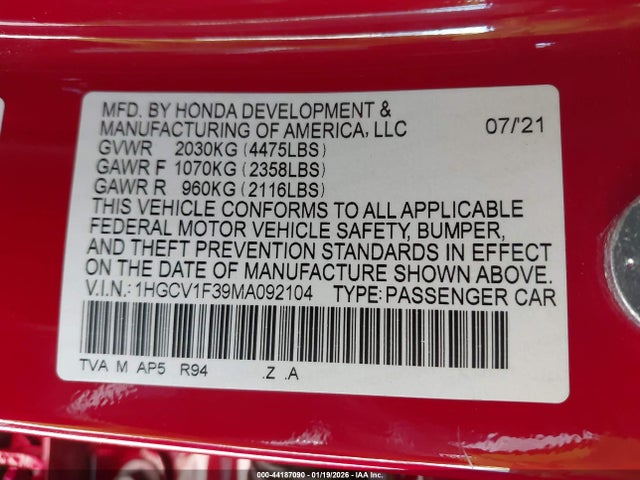 1HGCV1F39MA092104 Honda Accord Sport