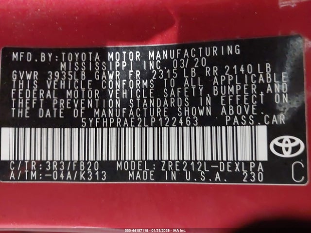 Toyota COROLLA LE 2020 5YFHPRAE2LP122463 Image 9