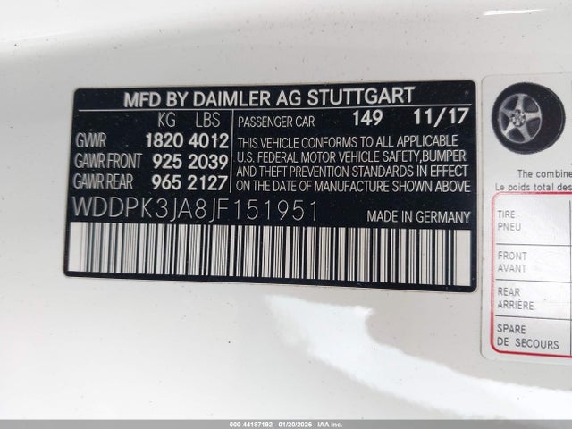Aukcja sprzedaży 2018 Mercedes-benz Slc 300, vin: WDDPK3JA8JF151951, numer aukcji: 44187192