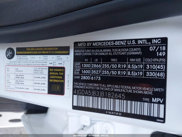 44187193 :رقم المزاد ، 4JGDA5JB3JB182645 vin ، 2018 Mercedes-benz Gle 350 مزاد بيع