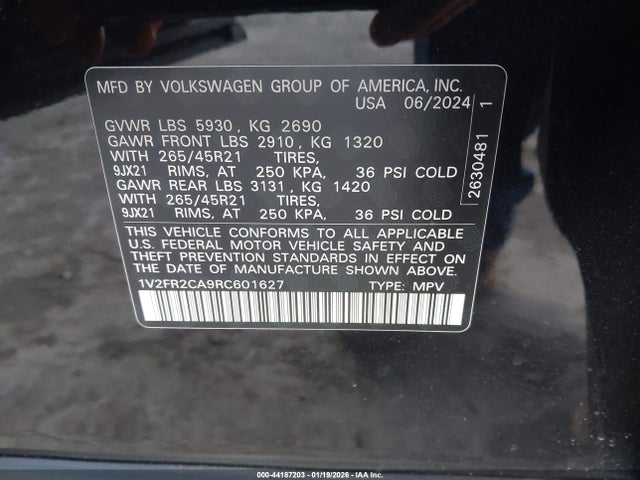 Продаж на аукціоні авто 2024 Volkswagen Atlas 2.0t Sel Premium R-line, vin: 1V2FR2CA9RC601627, номер лоту: 44187203