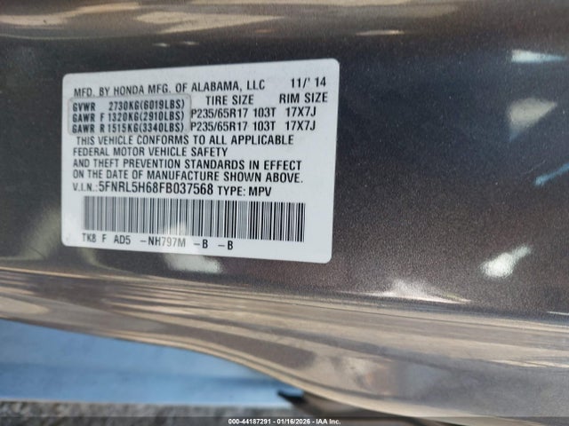 5FNRL5H68FB037568 Honda Odyssey Ex-l