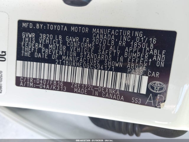 2T1BURHE0GC594171 Toyota COROLLA LE
