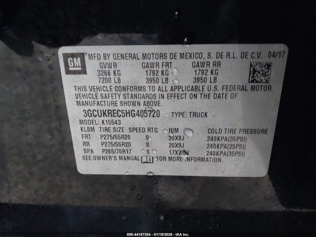 3GCUKREC5HG405720 Chevrolet Silverado 1500 2lt