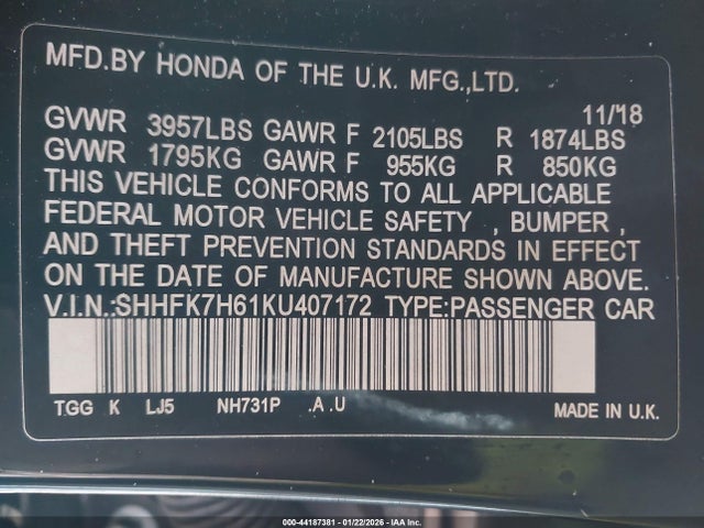SHHFK7H61KU407172 Honda CIVIC EX