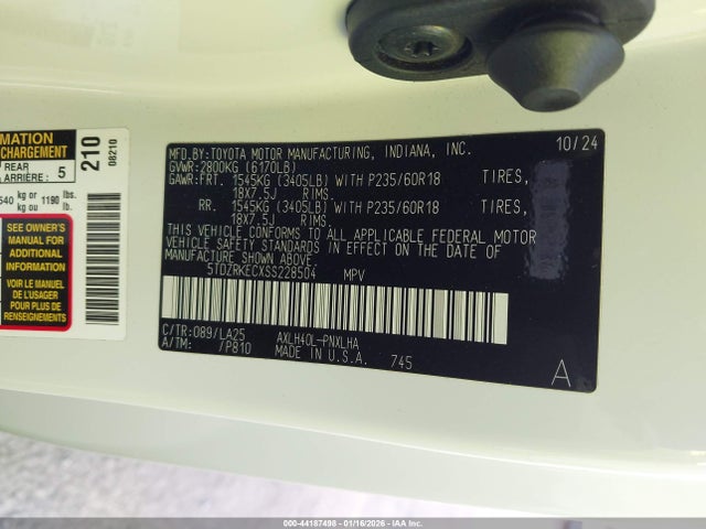 5TDZRKECXSS228504 Toyota Sienna Limited
