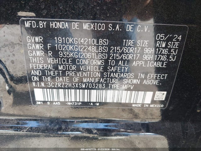 44187779 :رقم المزاد ، 3CZRZ2H3XSM703283 vin ، 2025 Honda Hr-v Awd Lx مزاد بيع