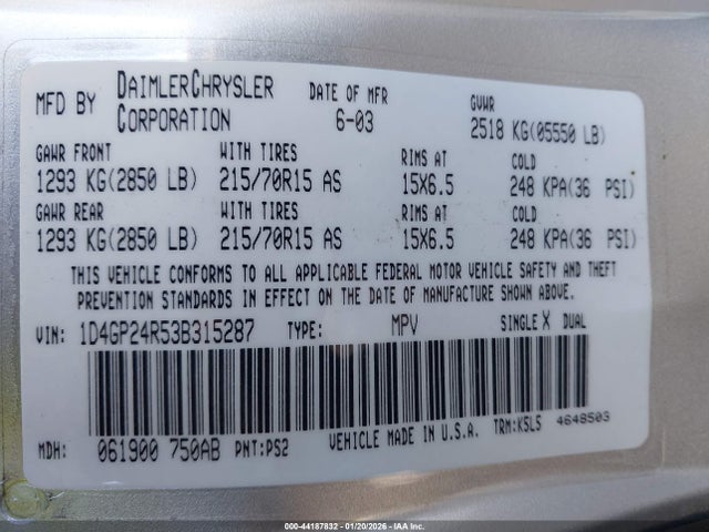 44187832 :رقم المزاد ، 1D4GP24R53B315287 vin ، 2003 Dodge Grand Caravan Se مزاد بيع