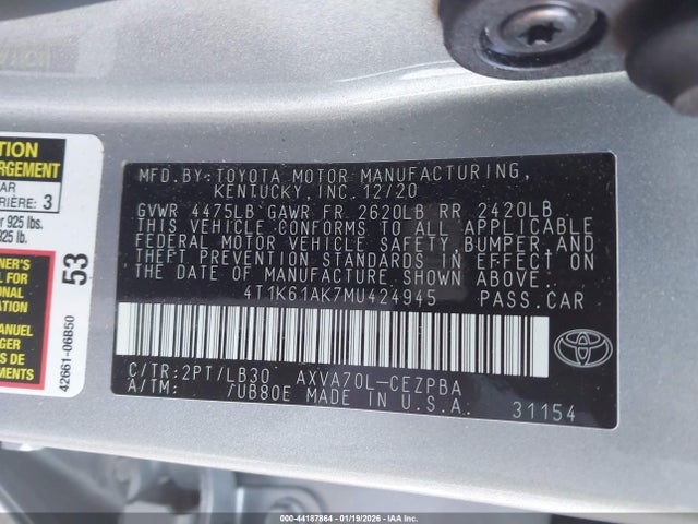 Aukcja sprzedaży 2021 Toyota Camry Xse, vin: 4T1K61AK7MU424945, numer aukcji: 44187864