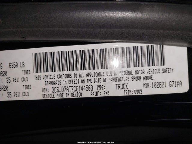 44187930 :رقم المزاد ، 3C6JD7AT7CG144503 vin ، 2012 Ram 1500 St مزاد بيع