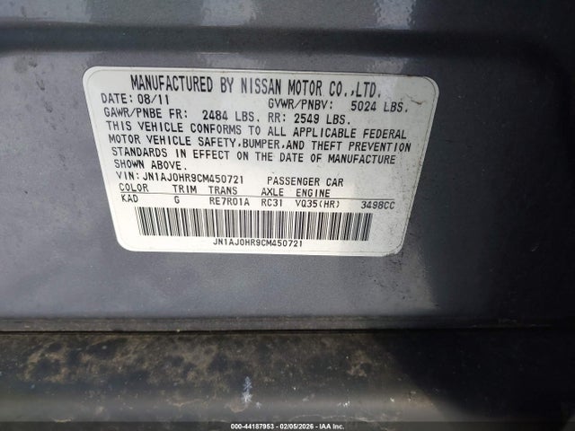 44187953 :رقم المزاد ، JN1AJ0HR9CM450721 vin ، 2012 Infiniti Ex35 Journey مزاد بيع