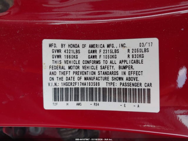 1HGCR2F17HA193589 Honda Accord Sport Se