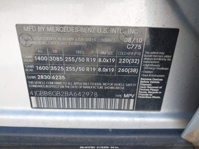 Aukcja sprzedaży 2011 Mercedes-benz Ml 350 4matic, vin: 4JGBB8GB2BA642978, numer aukcji: 44187993