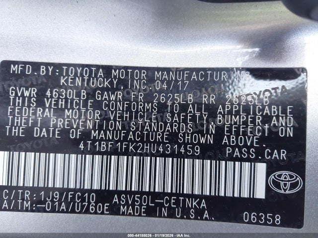 Продажа на аукционе авто 2017 Toyota Camry Le, vin: 4T1BF1FK2HU431459, номер лота: 44188026