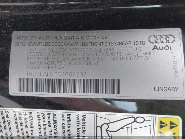 Продажа на аукционе авто 2013 Audi Tt 2.0t Premium Plus, vin: TRUKFAFK4D1002202, номер лота: 44188048