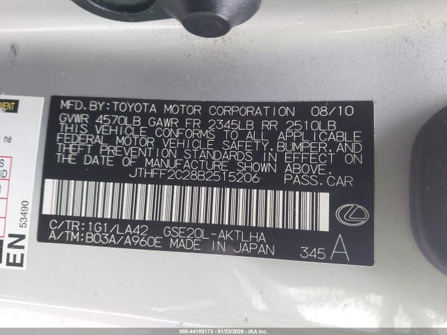 44188173 :رقم المزاد ، JTHFF2C28B2515206 vin ، 2011 Lexus Is 250c مزاد بيع