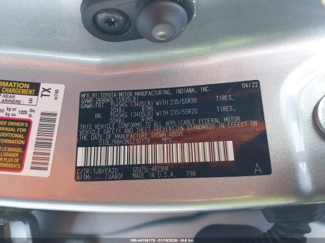5TDLZRBH3NS216178 Toyota Highlander Xse