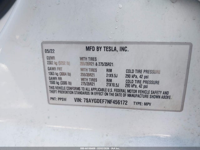 44188409 :رقم المزاد ، 7SAYGDEF7NF456172 vin ، 2022 Tesla Model Y Performance Dual Motor All-wheel Drive مزاد بيع