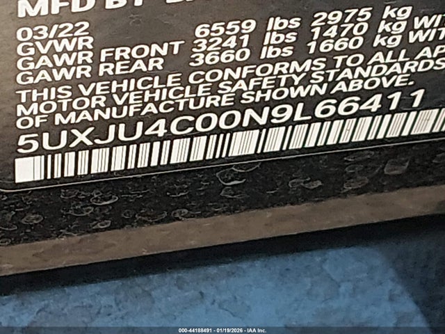 44188491 :رقم المزاد ، 5UXJU4C00N9L66411 vin ، 2022 Bmw X5 M50i مزاد بيع