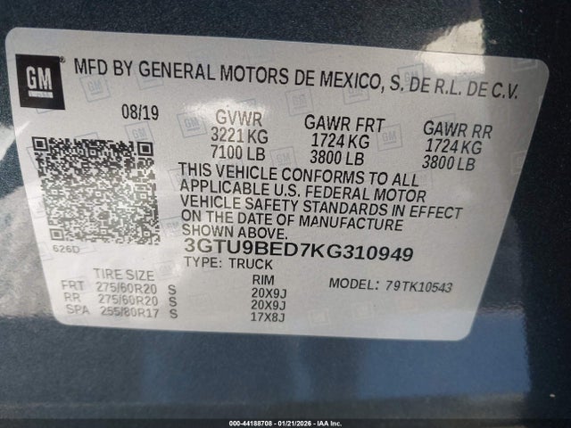 Aukcja sprzedaży 2019 Gmc Sierra 1500 Sle, vin: 3GTU9BED7KG310949, numer aukcji: 44188708