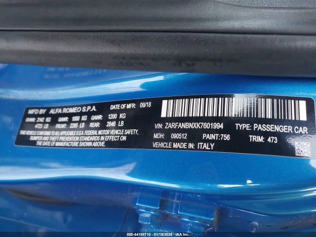Aukcja sprzedaży 2019 Alfa Romeo Giulia Ti Sport Awd, vin: ZARFANBNXK7601994, numer aukcji: 44188710