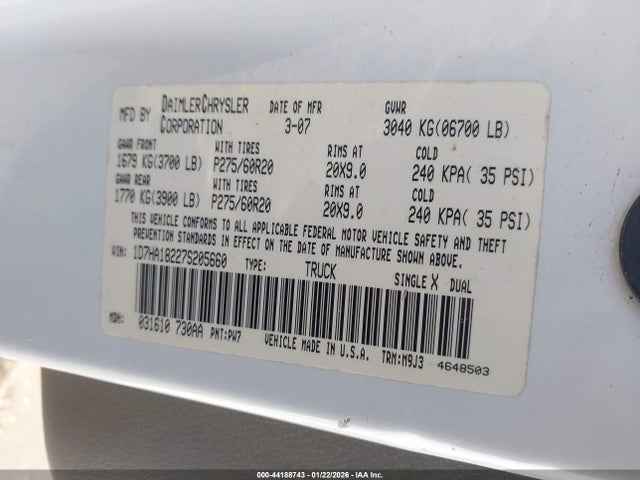 44188743 :رقم المزاد ، 1D7HA18227S205660 vin ، 2007 Dodge Ram 1500 Slt مزاد بيع