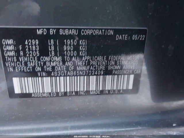 2022 Subaru Impreza Base 5-door მანქანა იყიდება აუქციონზე, vin: 4S3GTAB65N3723409, აუქციონის ნომერი: 44188858