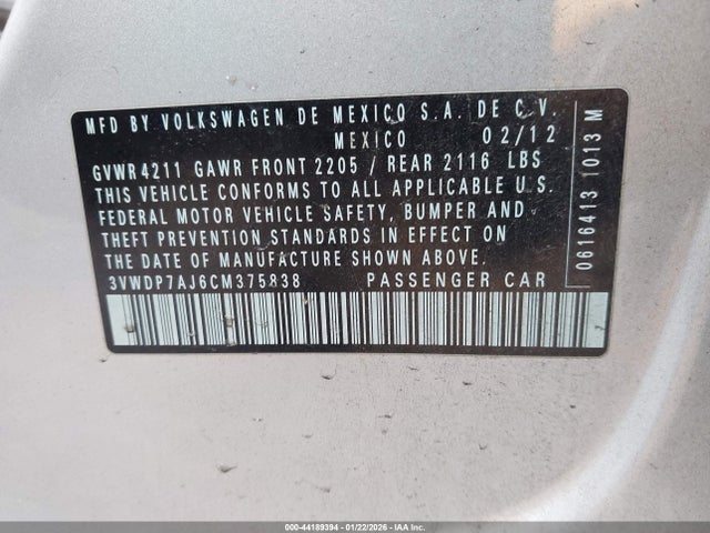 44189394 :رقم المزاد ، 3VWDP7AJ6CM375838 vin ، 2012 Volkswagen Jetta 2.5l Se مزاد بيع