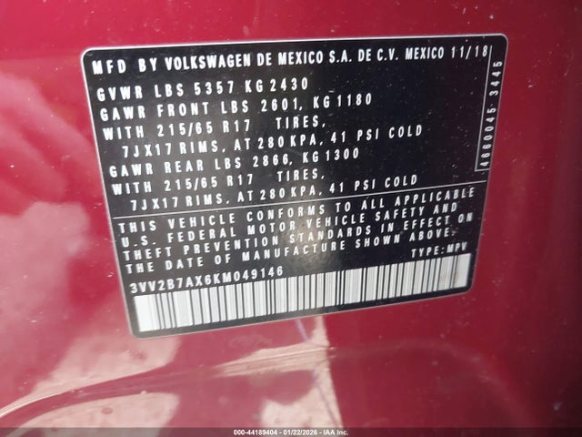 44189404 :رقم المزاد ، 3VV2B7AX6KM049146 vin ، 2019 Volkswagen Tiguan 2.0t Se/2.0t Sel/2.0t Sel R-line/2.0t Sel R-line Black مزاد بيع