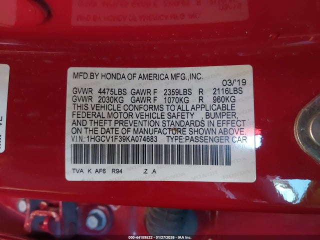 1HGCV1F39KA074683 Honda Accord