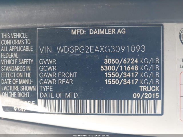 2016 Mercedes-benz Metris მანქანა იყიდება აუქციონზე, vin: WD3PG2EAXG3091093, აუქციონის ნომერი: 44189572