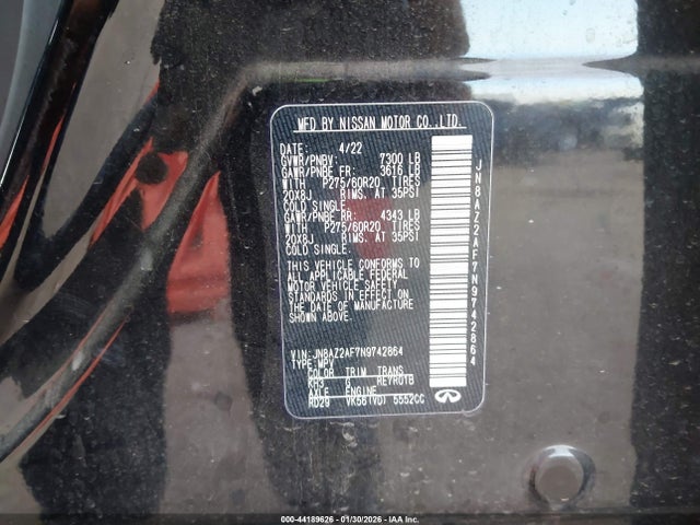 44189626 :رقم المزاد ، JN8AZ2AF7N9742864 vin ، 2022 Infiniti Qx80 Luxe مزاد بيع