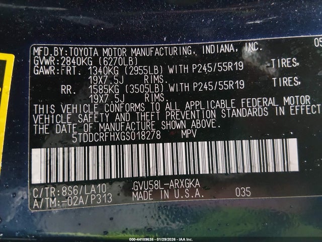 5TDDCRFHXGS018278 Toyota Highlander Hybrid Limited Platinum V6