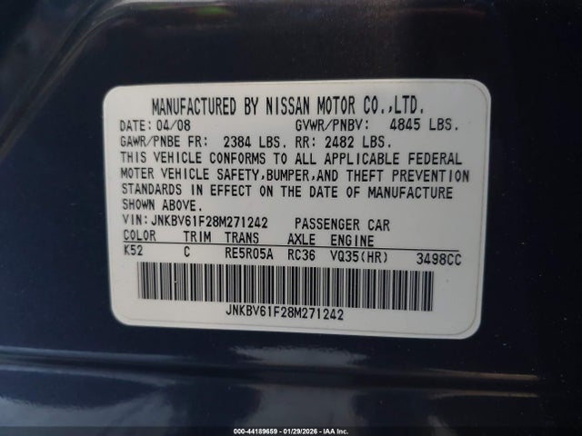 Продаж на аукціоні авто 2008 Infiniti G35x, vin: JNKBV61F28M271242, номер лоту: 44189659