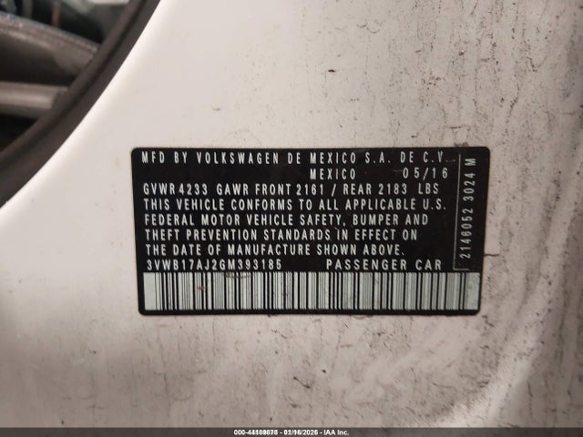 44189878 :رقم المزاد ، 3VWB17AJ2GM393185 vin ، 2016 Volkswagen Jetta 1.8t Sport مزاد بيع
