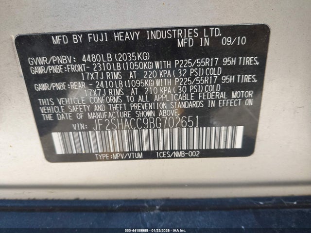 Aukcja sprzedaży 2011 Subaru Forester 2.5x Premium, vin: JF2SHACC9BG702651, numer aukcji: 44189959