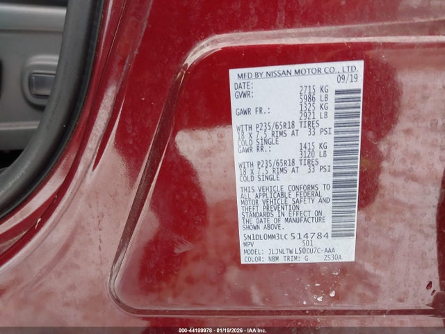 44189978 :رقم المزاد ، 5N1DL0MM3LC514784 vin ، 2020 Infiniti Qx60 Luxe Awd مزاد بيع