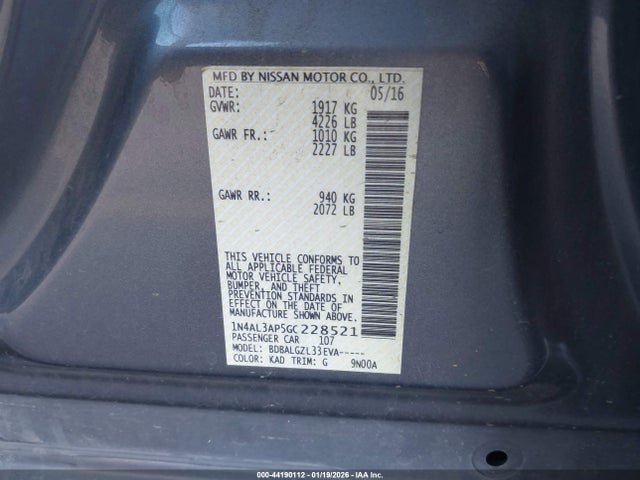 1N4AL3AP5GC228521 Nissan Altima 2.5/2.5 S/2.5 Sl/2.5 Sr/2.5 Sv