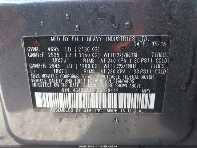 4S4BSAJC9F3339442 Subaru Outback 2.5i Limited