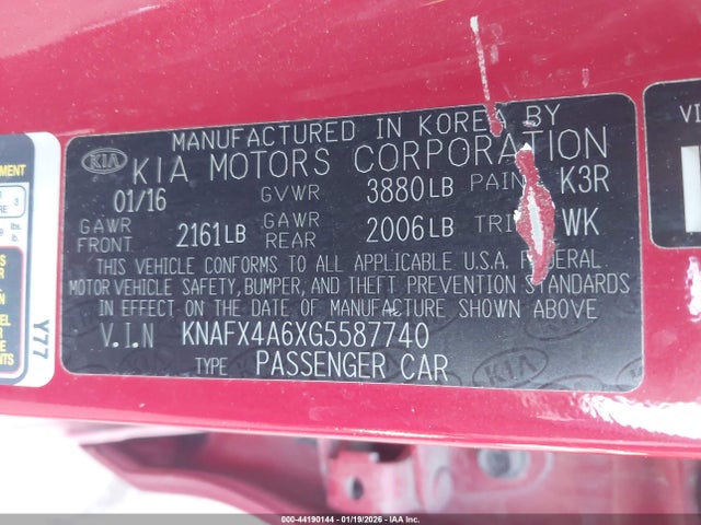 KNAFX4A6XG5587740 KIA FORTE LX