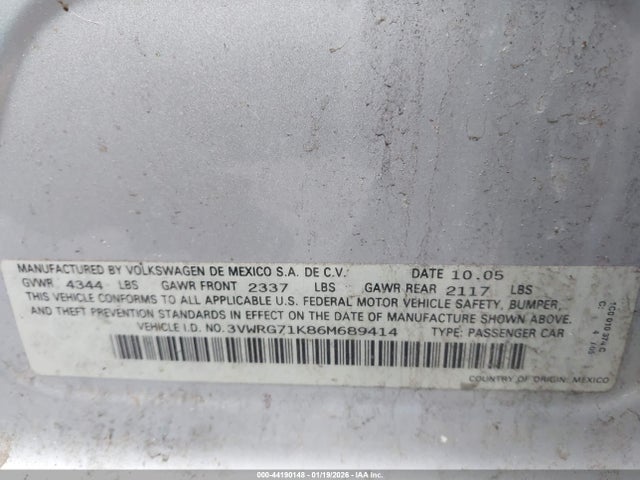 Продажа на аукционе авто 2006 Volkswagen Jetta 2.5, vin: 3VWRG71K86M689414, номер лота: 44190148