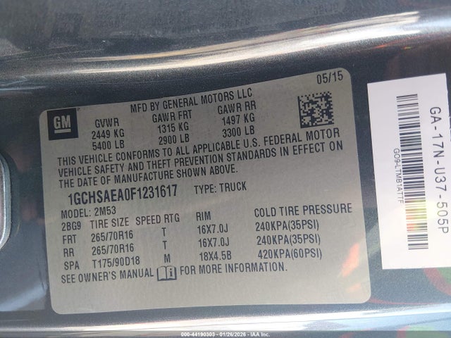 1GCHSAEA0F1231617 Chevrolet Colorado Wt
